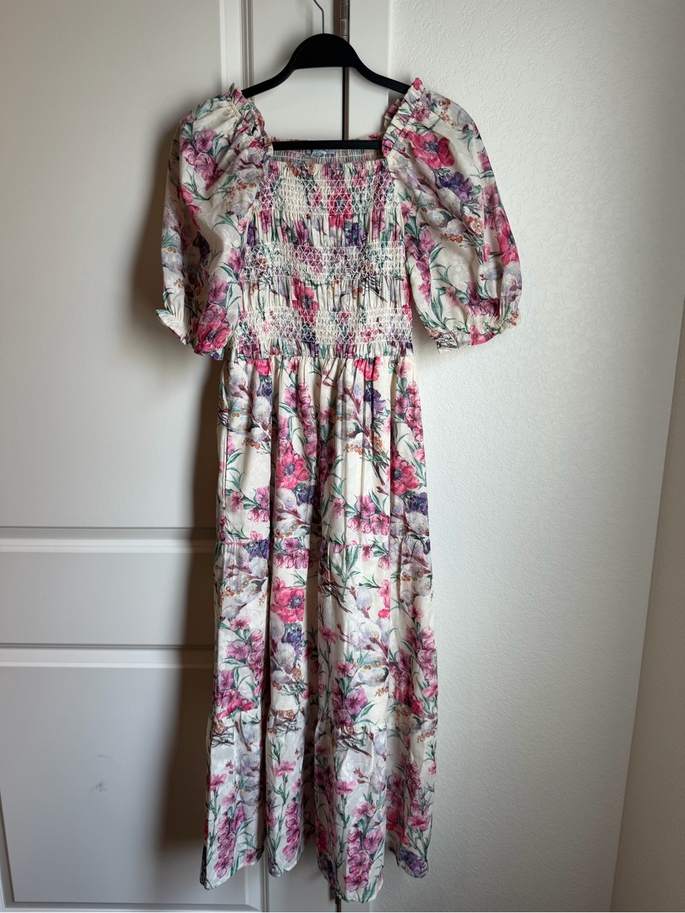 bohme Floral Smocked Maxi Dress in Cream, Pink, Purple